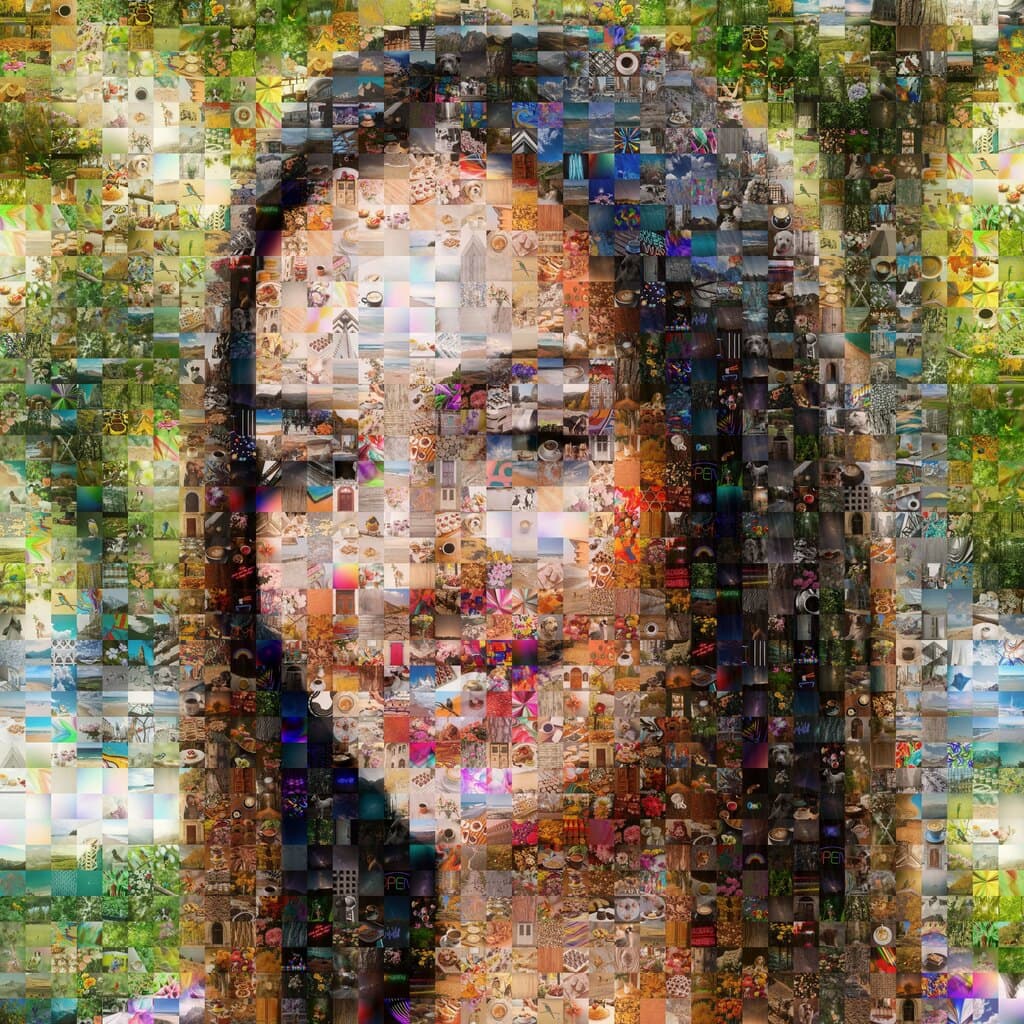 The same portrait rebuilt as a photo mosaic