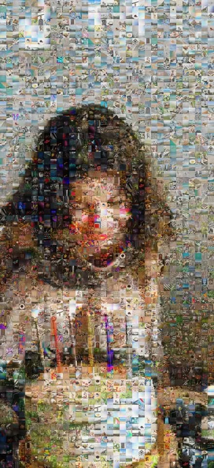Birthday photo mosaic with a lit cake