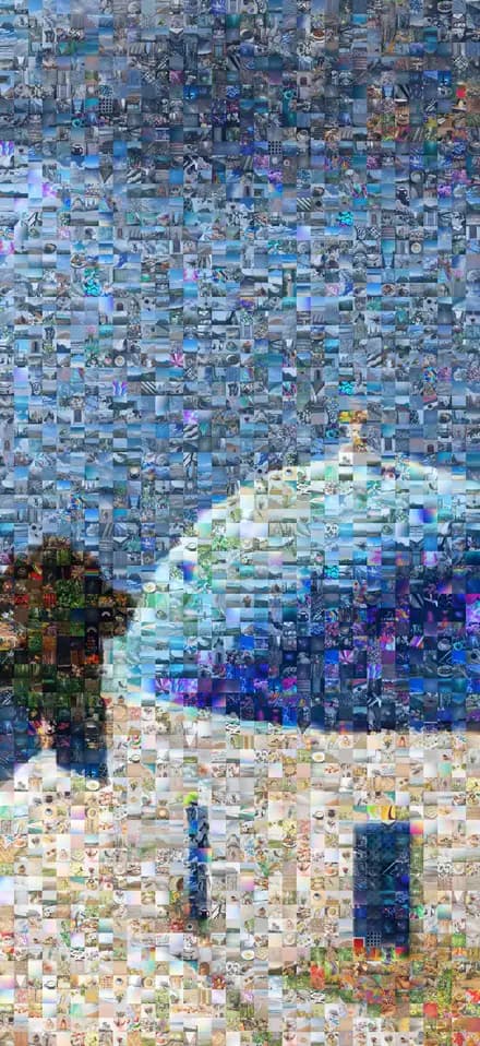 Travel photo mosaic of a blue dome in Santorini