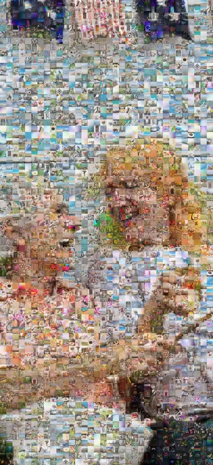 Anniversary photo mosaic of two friends laughing