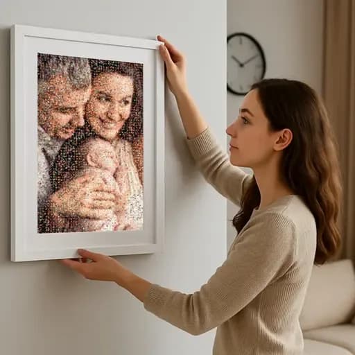 A framed photo mosaic being hung on a living-room wall
