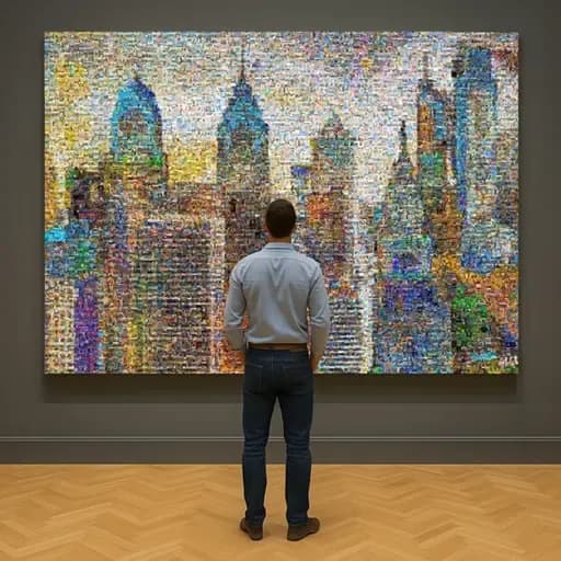 A large photo mosaic of a city skyline on a gallery wall