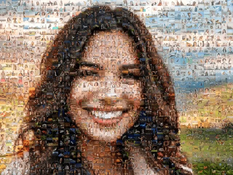 A smiling portrait made as a photo mosaic