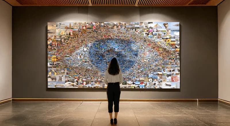 A wall-sized photo mosaic mural of an eye in a gallery