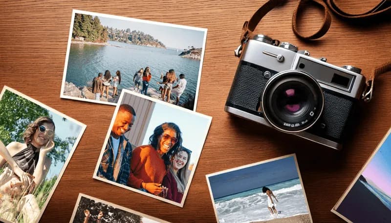 Printed photos and a camera, gathered to become mosaic tiles