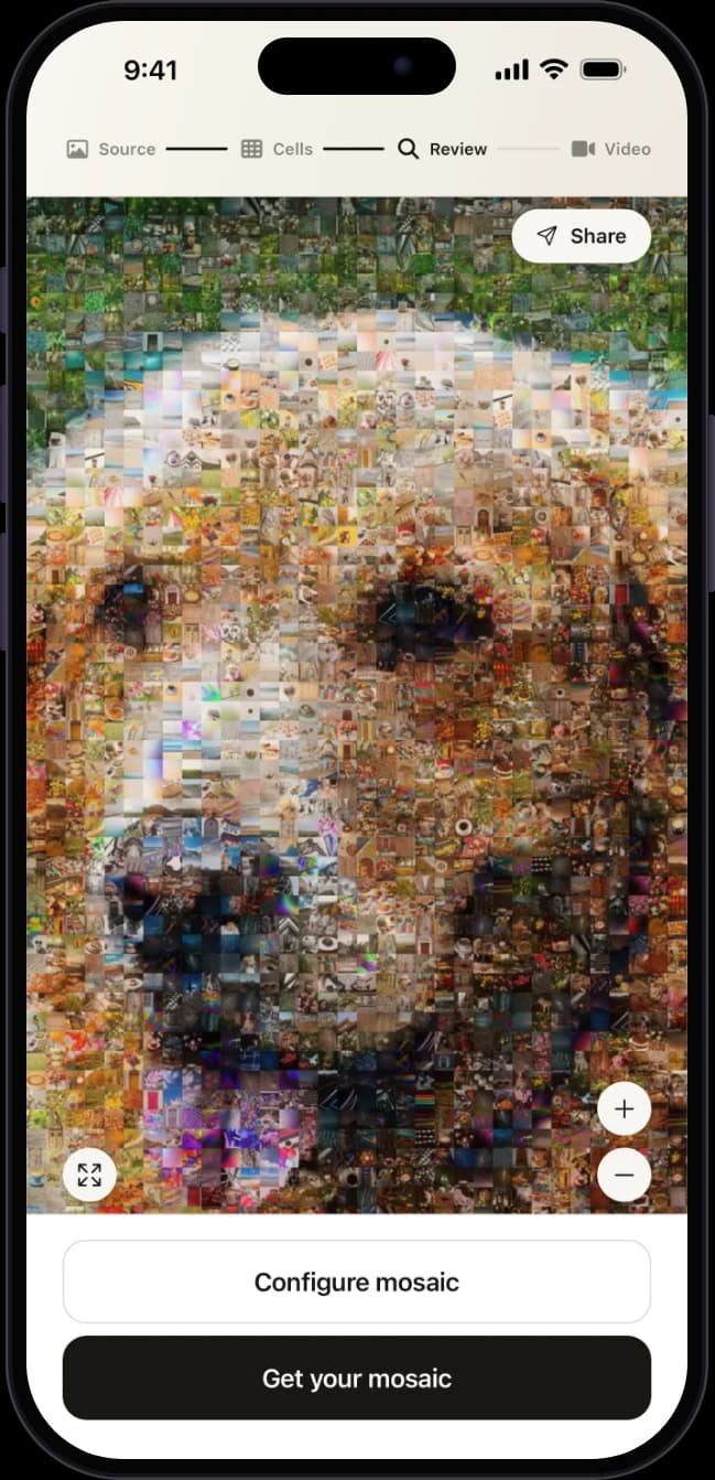The app showing a golden retriever photo mosaic
