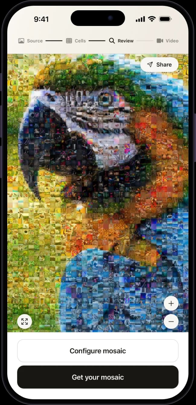 The app showing a macaw photo mosaic