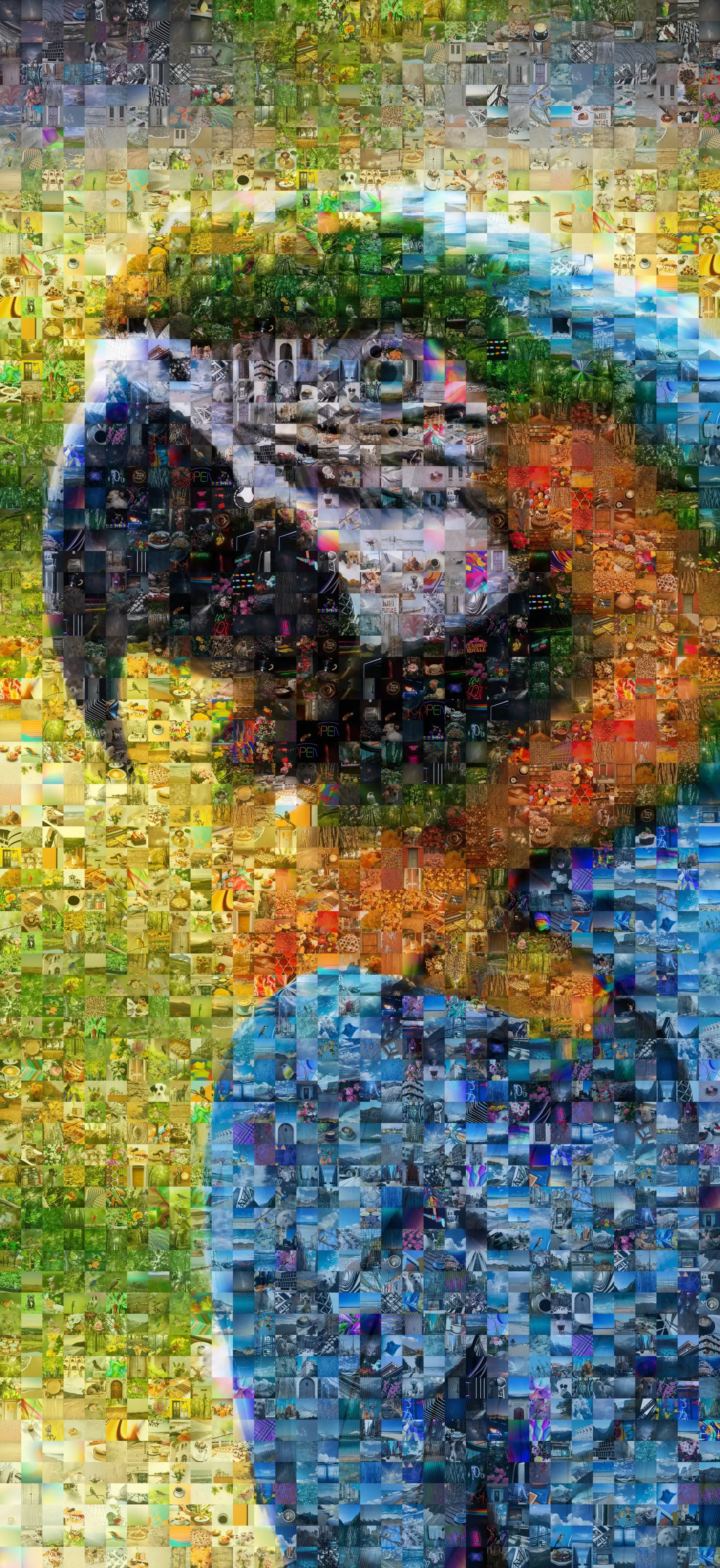 A photo mosaic of a blue-and-gold macaw built from about 2,500 small photos